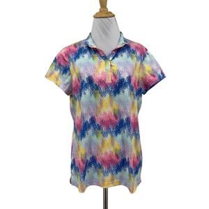 Daily Sports Polo Shirt Women L Large Multi Vision Print Cap Sleeve Snap Buttons